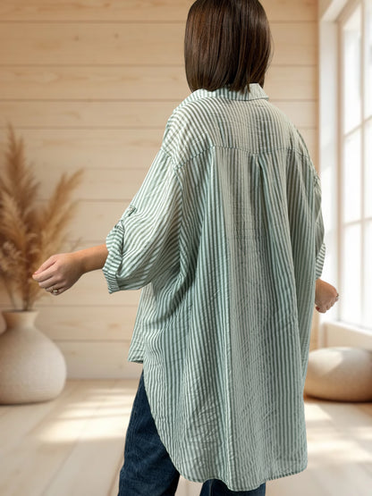 COLINE - CHEMISE OVERSIZE KAKI A RAYURE JUSQU'A LA TAILLE 60