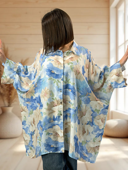 EMILIE  - TUNIQUE OVERSIZE BLEUE A MOTIF JUSQU'A LA TAILLE 60