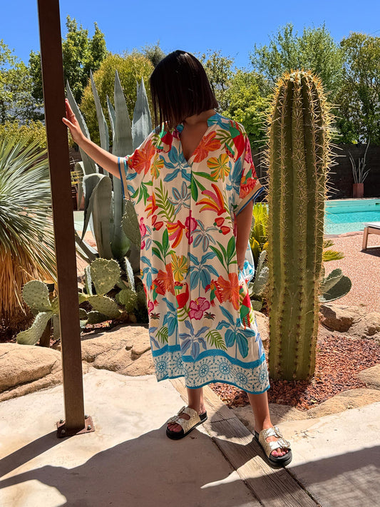 LALY - ROBE OVERSIZE MOTIF TURQUOISE MULTICOLORE JUSQU'A LA TAILLE 54