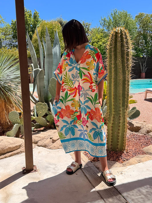 LALY - ROBE OVERSIZE MOTIF TURQUOISE MULTICOLORE JUSQU'A LA TAILLE 54