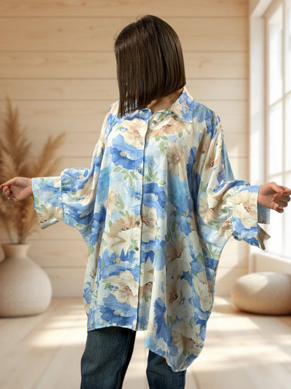 EMILIE  - TUNIQUE OVERSIZE BLEUE A MOTIF JUSQU'A LA TAILLE 60