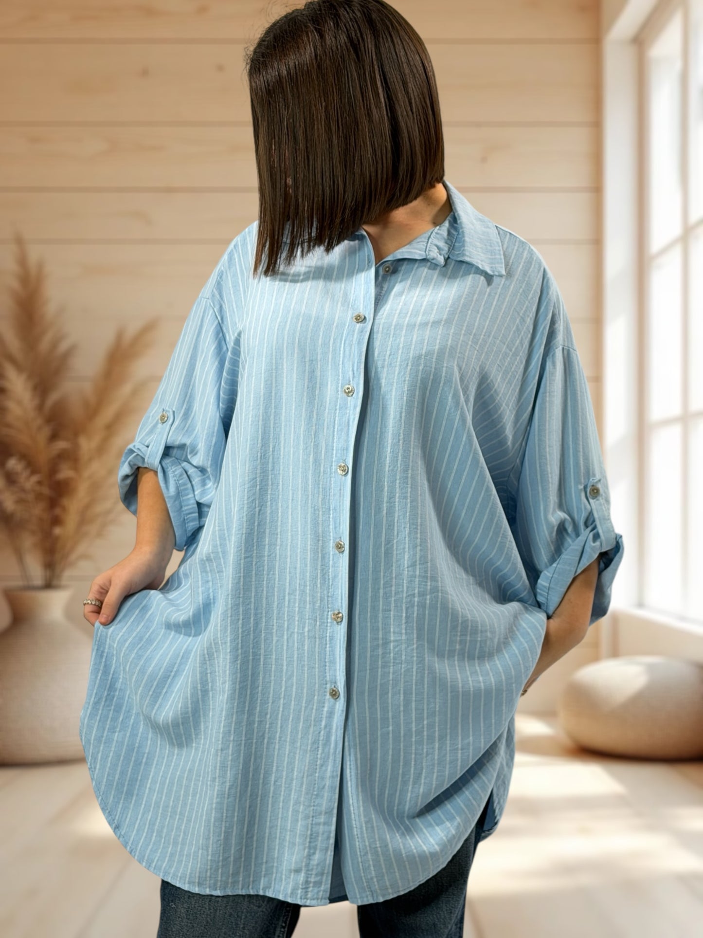 LILIBELLE - CHEMISE OVERSIZE BLEUE A RAYURE ASPECT LIN JUSQU'A LA TAILLE 56/58