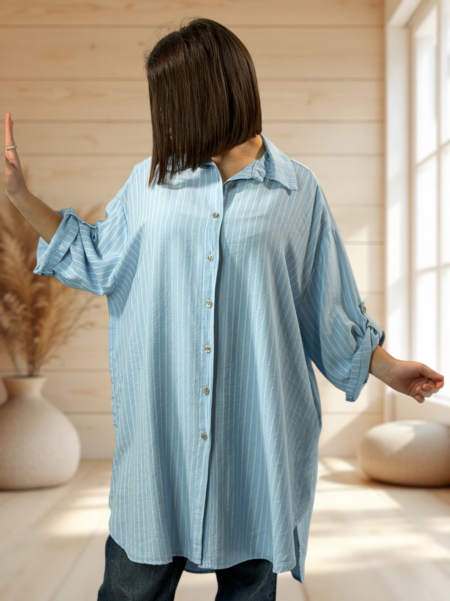 LILIBELLE - CHEMISE OVERSIZE BLEUE A RAYURE ASPECT LIN JUSQU'A LA TAILLE 56/58