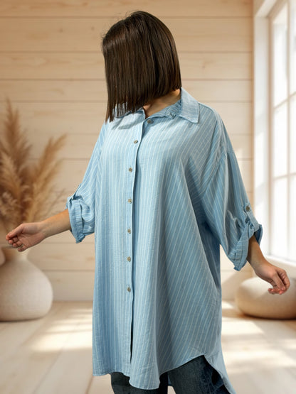 LILIBELLE - CHEMISE OVERSIZE BLEUE A RAYURE ASPECT LIN JUSQU'A LA TAILLE 56/58