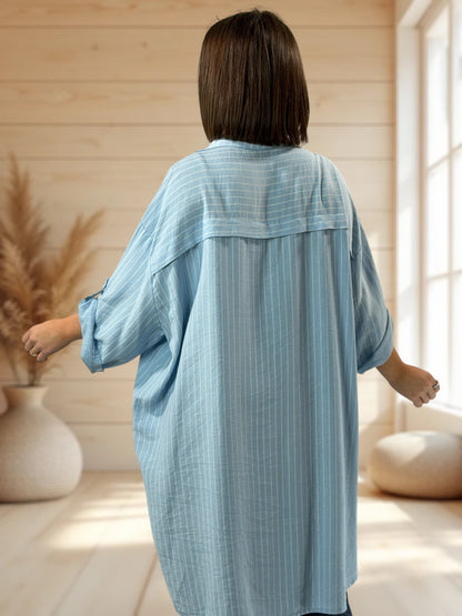 LILIBELLE - CHEMISE OVERSIZE BLEUE A RAYURE ASPECT LIN JUSQU'A LA TAILLE 56/58