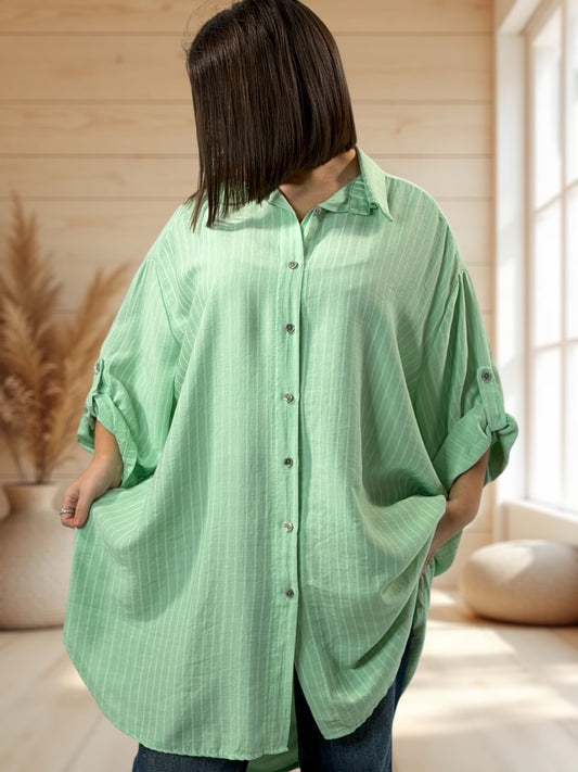 LILIBELLE - CHEMISE OVERSIZE VERTE A RAYURE ASPECT LIN JUSQU'A LA TAILLE 56