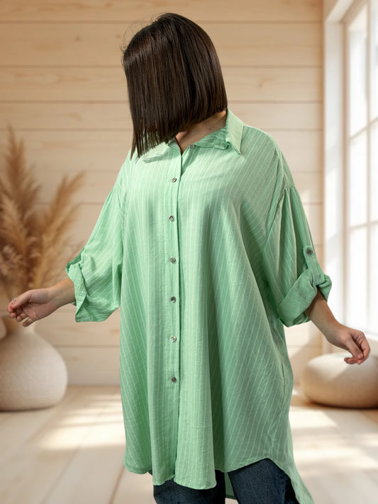 LILIBELLE - CHEMISE OVERSIZE VERTE A RAYURE ASPECT LIN JUSQU'A LA TAILLE 56