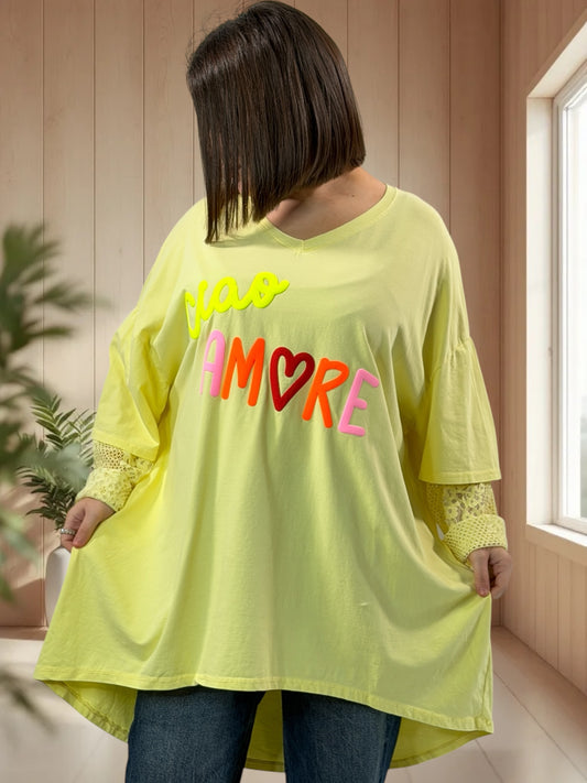 AMORE - TEE-SHIRT JAUNE MANCHES EN DENTELLE JUSQU'A LA TAILLE 54