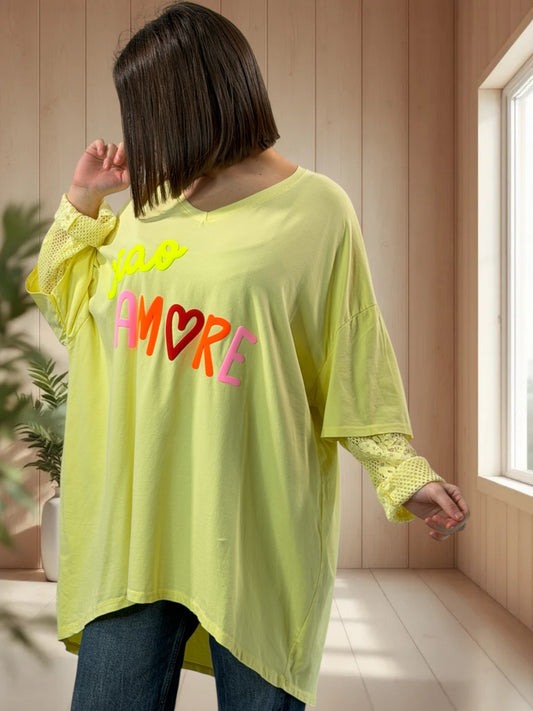 AMORE - TEE-SHIRT JAUNE MANCHES EN DENTELLE JUSQU'A LA TAILLE 54