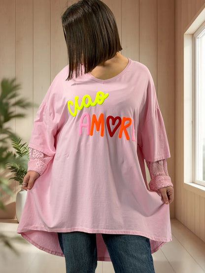 AMORE - TEE-SHIRT ROSE MANCHES EN DENTELLE JUSQU'A LA TAILLE 54