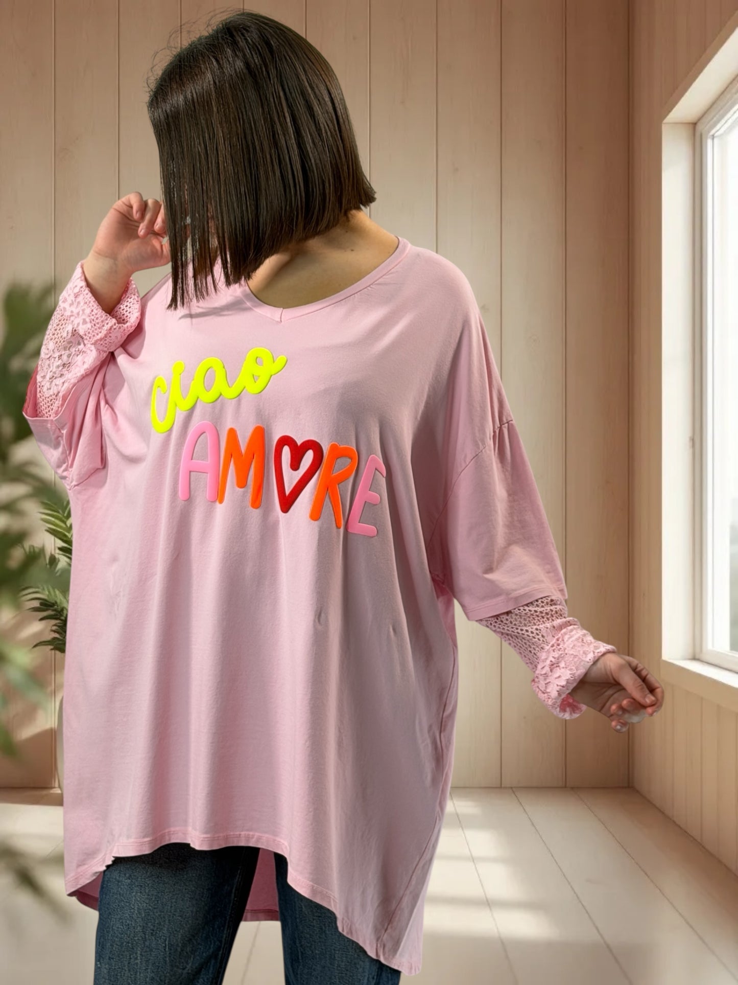 AMORE - TEE-SHIRT ROSE MANCHES EN DENTELLE JUSQU'A LA TAILLE 54