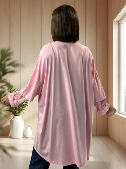 AMORE - TEE-SHIRT ROSE MANCHES EN DENTELLE JUSQU'A LA TAILLE 54