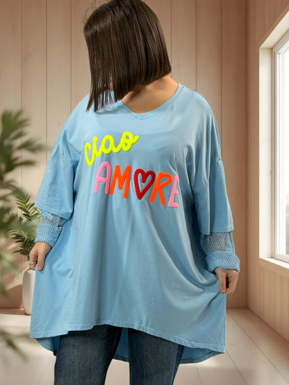 AMORE - TEE-SHIRT BLEU CIEL MANCHES EN DENTELLE JUSQU'A LA TAILLE 54