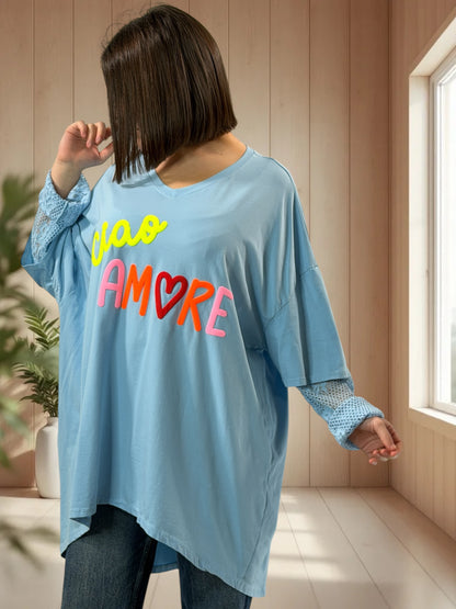 AMORE - TEE-SHIRT BLEU CIEL MANCHES EN DENTELLE JUSQU'A LA TAILLE 54