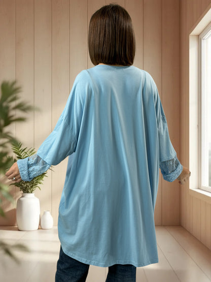 AMORE - TEE-SHIRT BLEU CIEL MANCHES EN DENTELLE JUSQU'A LA TAILLE 54