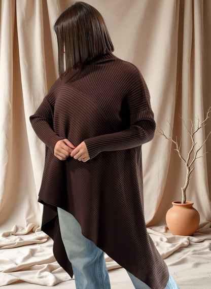 TYLER - PULL ASYMETRIQUE OVERSIZE MARRON JUSQU'A LA TAILLE 54