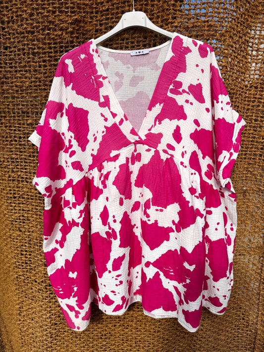 MATHILDE - TUNIQUE OVERSIZE MOTIF FUCHSIA JUSQU'A LA TAILLE 56/58