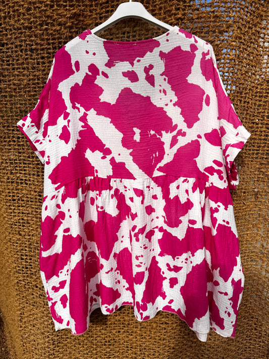 MATHILDE - TUNIQUE OVERSIZE MOTIF FUCHSIA JUSQU'A LA TAILLE 56/58