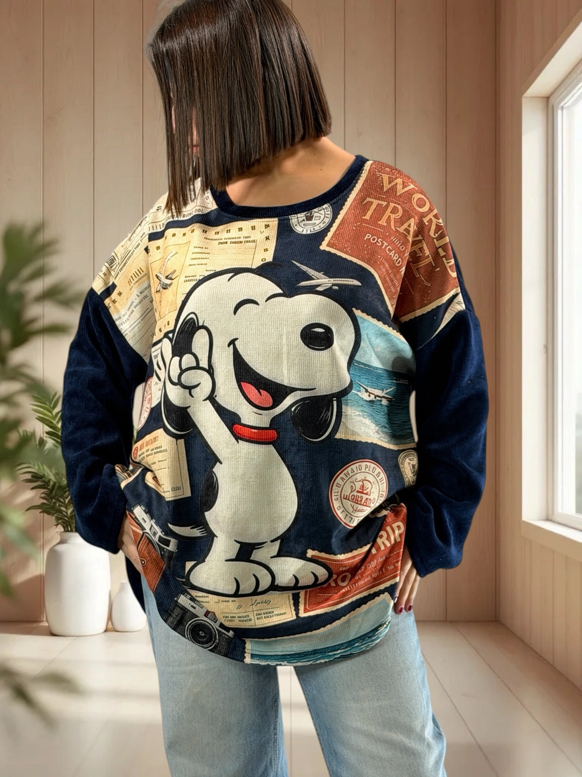 SNOOPY - TUNIQUE OVERSIZE MARINE EN VELOURS JUSQU'A LA TAILLE 52