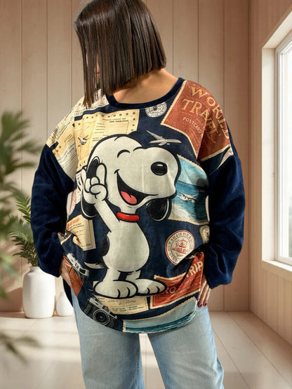 SNOOPY - TUNIQUE OVERSIZE MARINE EN VELOURS JUSQU'A LA TAILLE 52