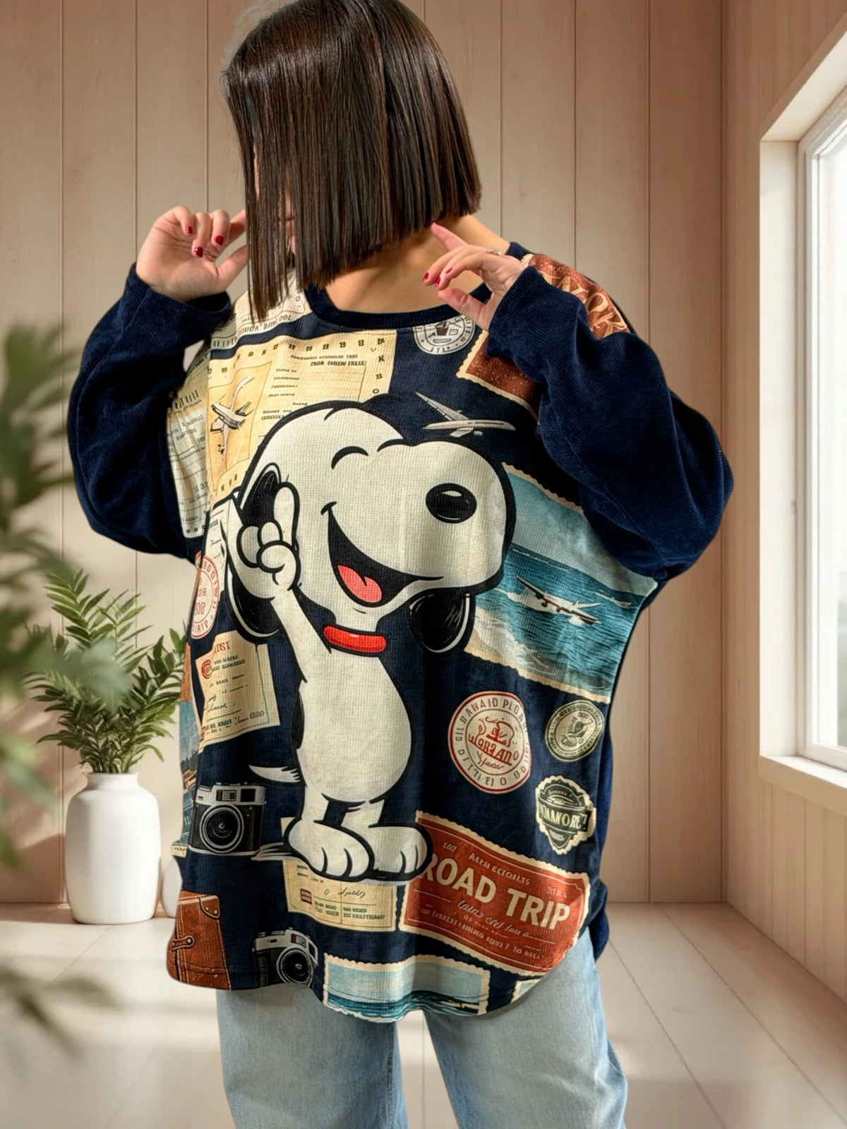 SNOOPY - TUNIQUE OVERSIZE MARINE EN VELOURS JUSQU'A LA TAILLE 52