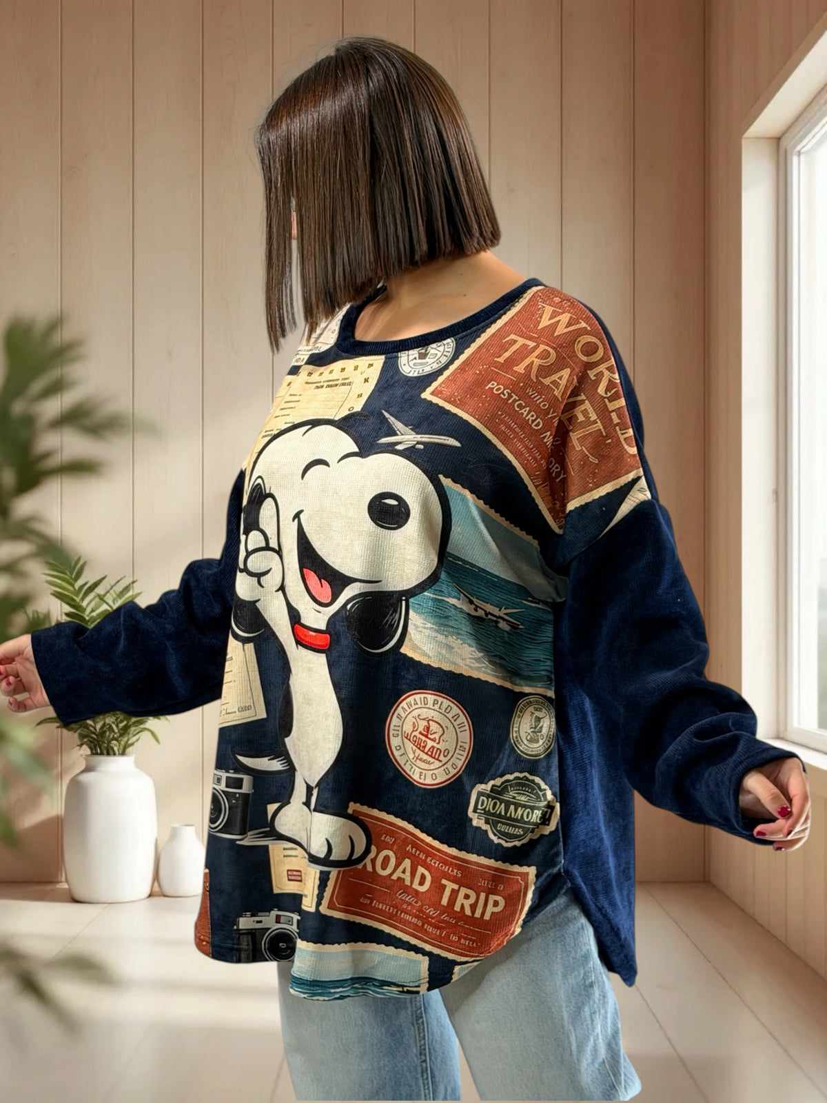 SNOOPY - TUNIQUE OVERSIZE MARINE EN VELOURS JUSQU'A LA TAILLE 52