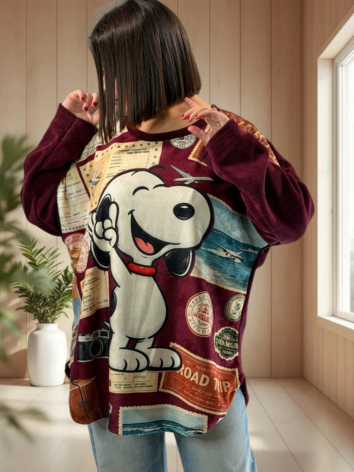 SNOOPY - TUNIQUE OVERSIZE BORDEAUX EN VELOURS JUSQU'A LA TAILLE 52