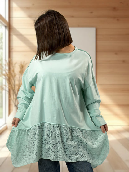 SOLENE  - TUNIQUE LAGON EN COTON AVEC DENTELLE JUSQU'A LA TAILLE 52