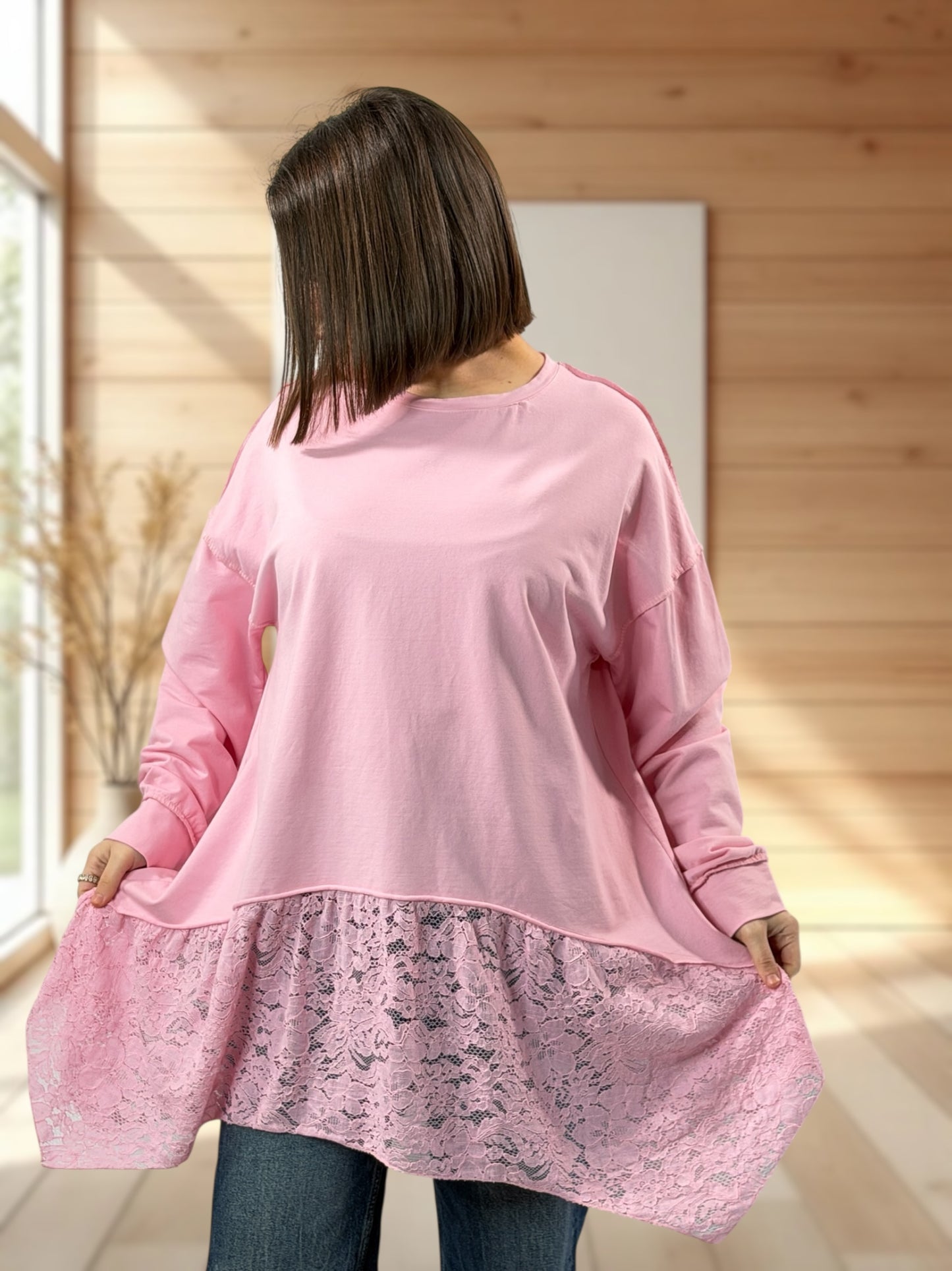 SOLENE  - TUNIQUE ROSE EN COTON AVEC DENTELLE JUSQU'A LA TAILLE 52