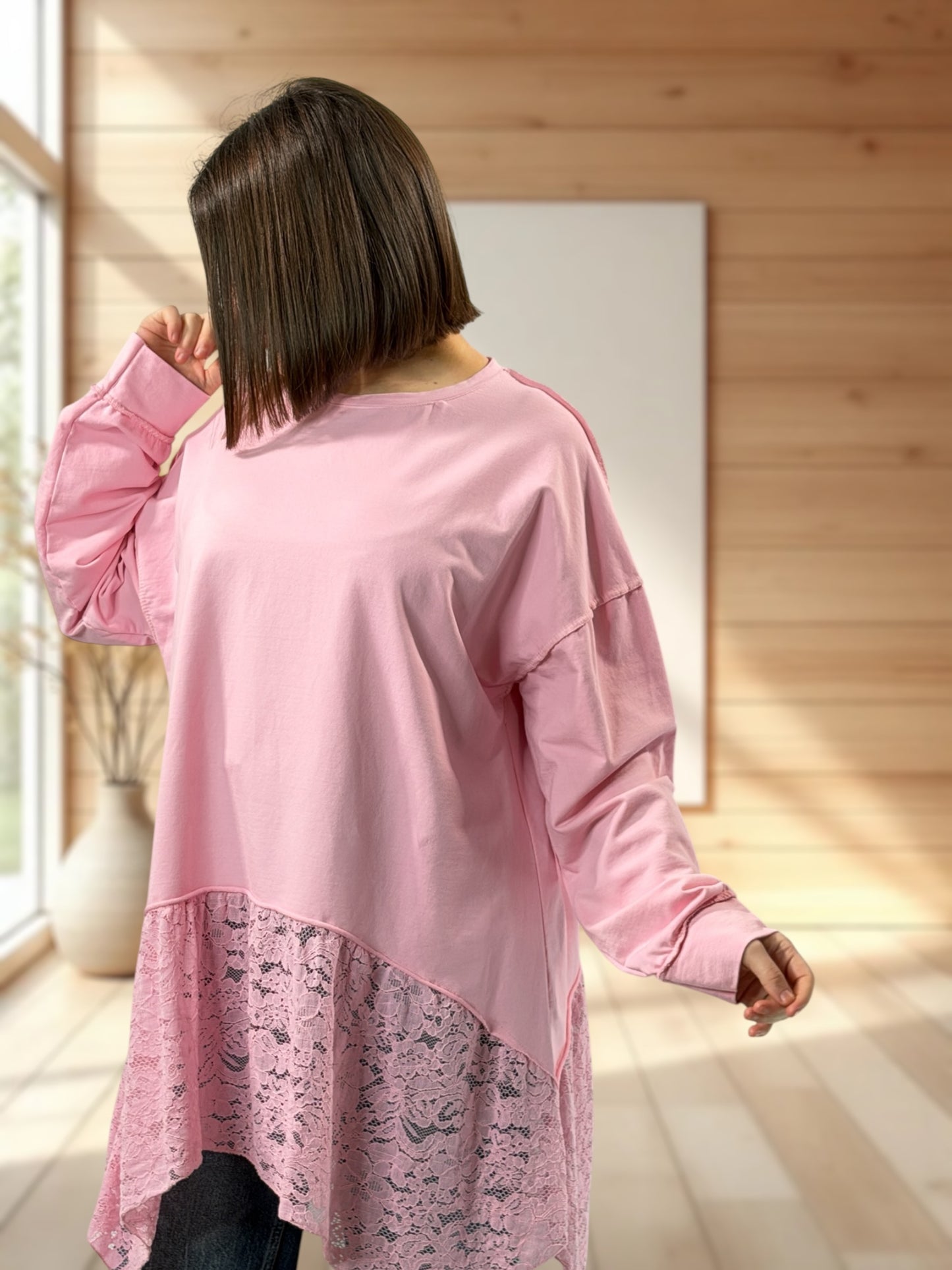 SOLENE  - TUNIQUE ROSE EN COTON AVEC DENTELLE JUSQU'A LA TAILLE 52