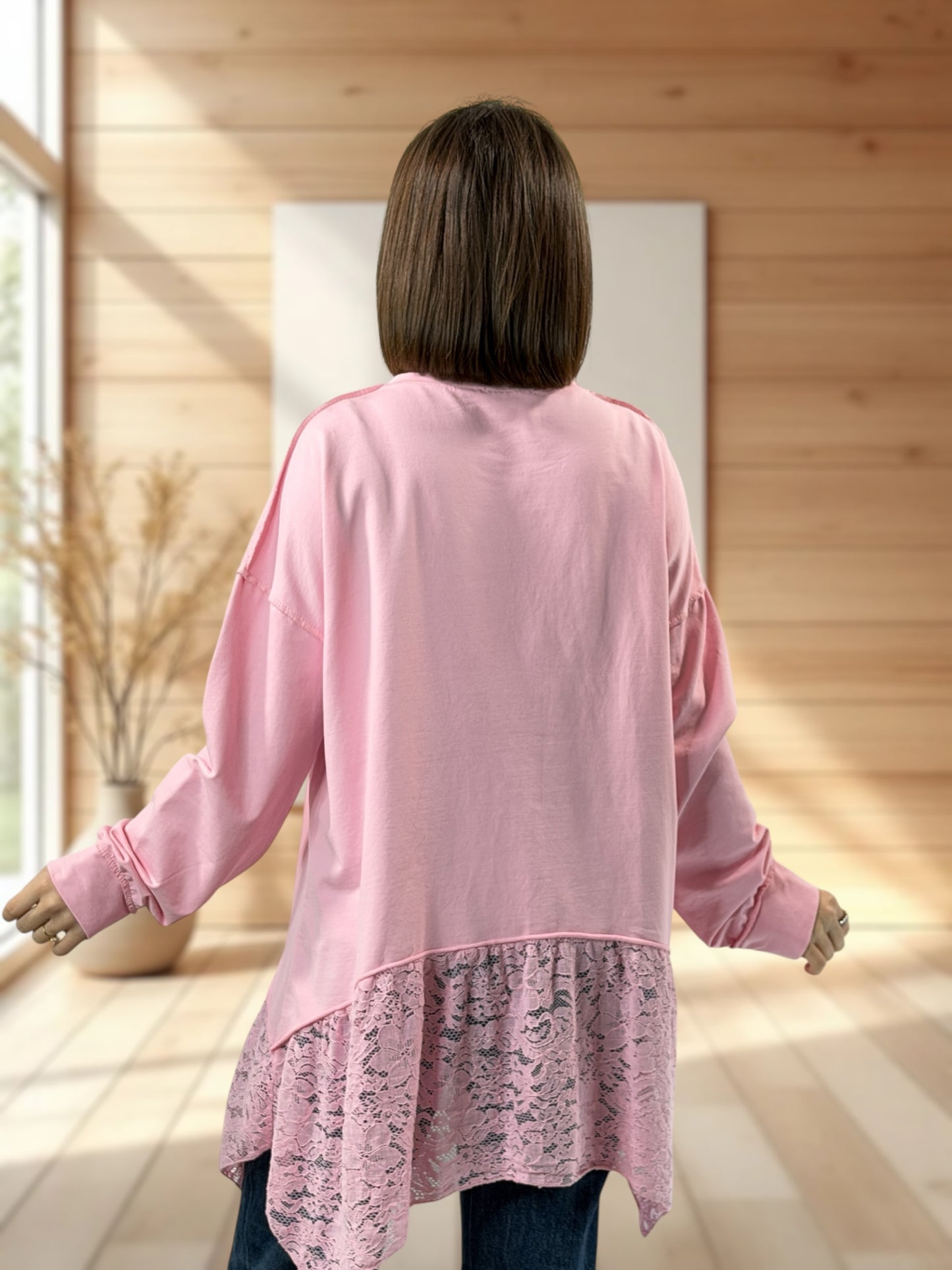 SOLENE  - TUNIQUE ROSE EN COTON AVEC DENTELLE JUSQU'A LA TAILLE 52