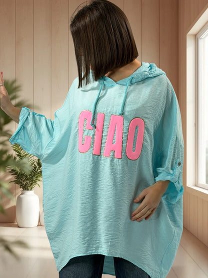 SALOME  - TUNIQUE OVERSIZE LAGON A CAPUCHE JUSQU'A LA TAILLE 60