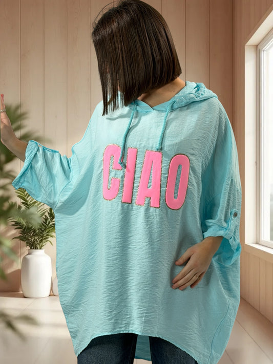 SALOME  - TUNIQUE OVERSIZE LAGON A CAPUCHE JUSQU'A LA TAILLE 60