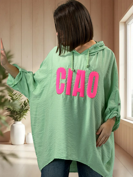 SALOME  - TUNIQUE OVERSIZE VERTE A CAPUCHE JUSQU'A LA TAILLE 60