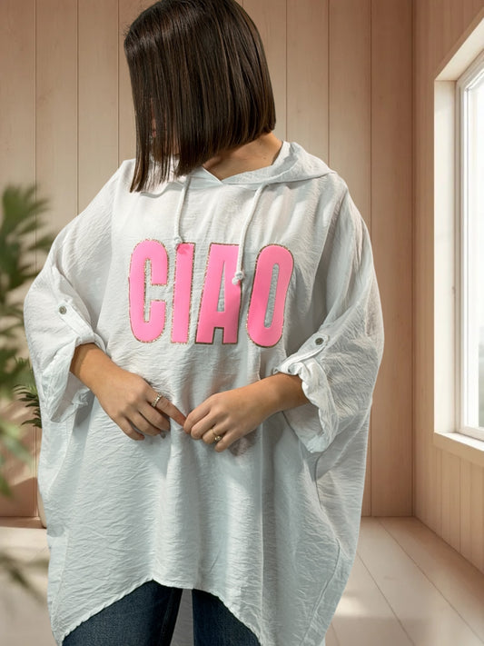 SALOME  - TUNIQUE OVERSIZE BLANCHE A CAPUCHE JUSQU'A LA TAILLE 60