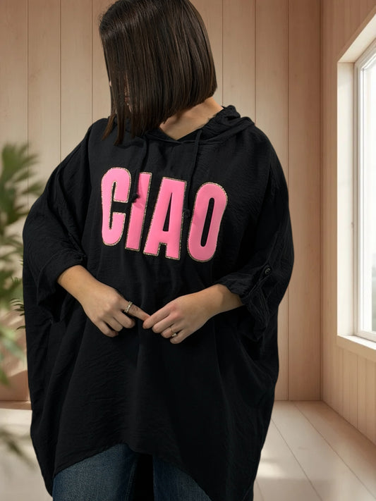 SALOME  - TUNIQUE OVERSIZE NOIRE A CAPUCHE JUSQU'A LA TAILLE 60
