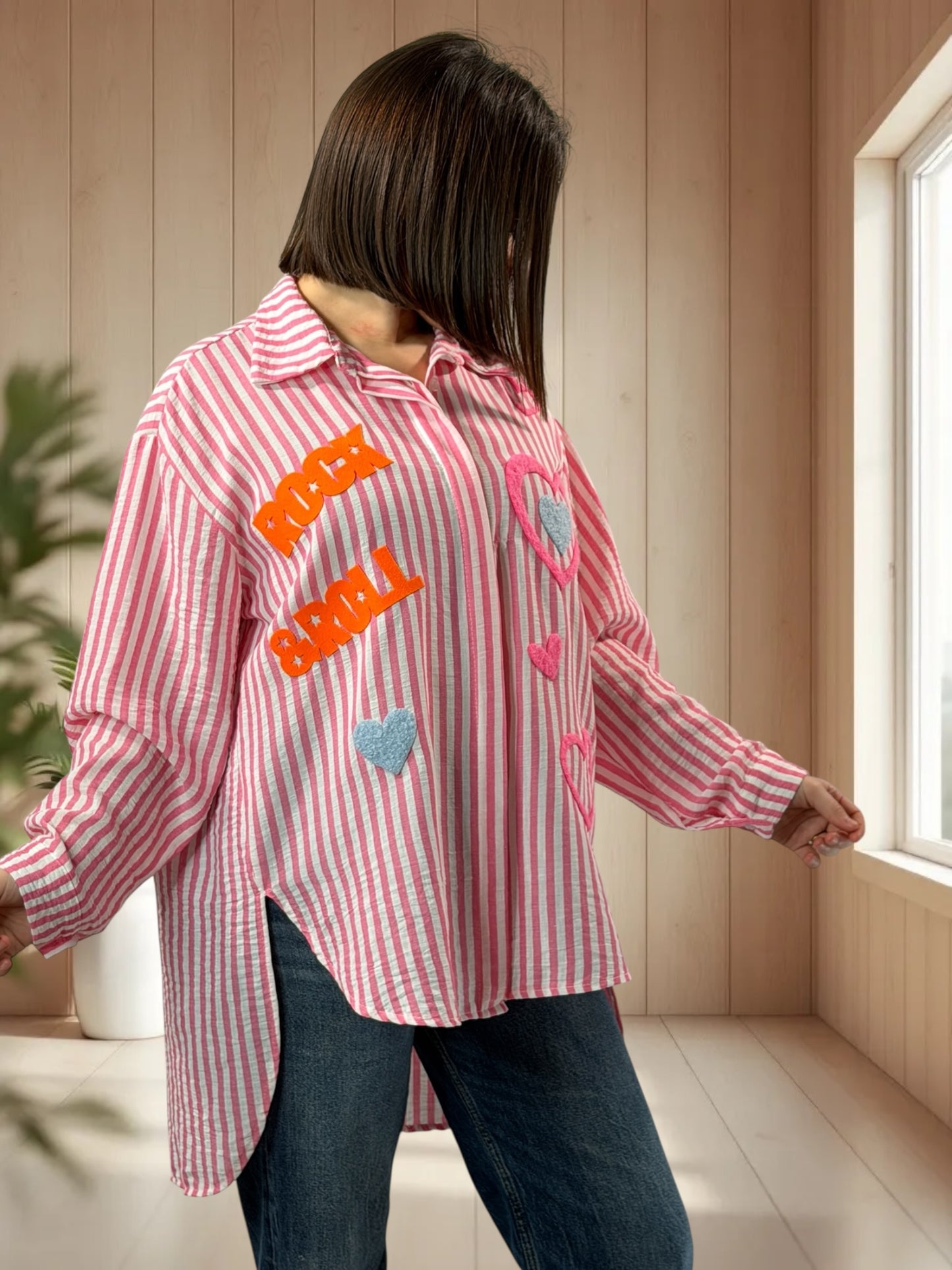 SOPHIE - CHEMISE OVERSIZE A RAYURE ROSE JUSQU'A LA TAILLE 50