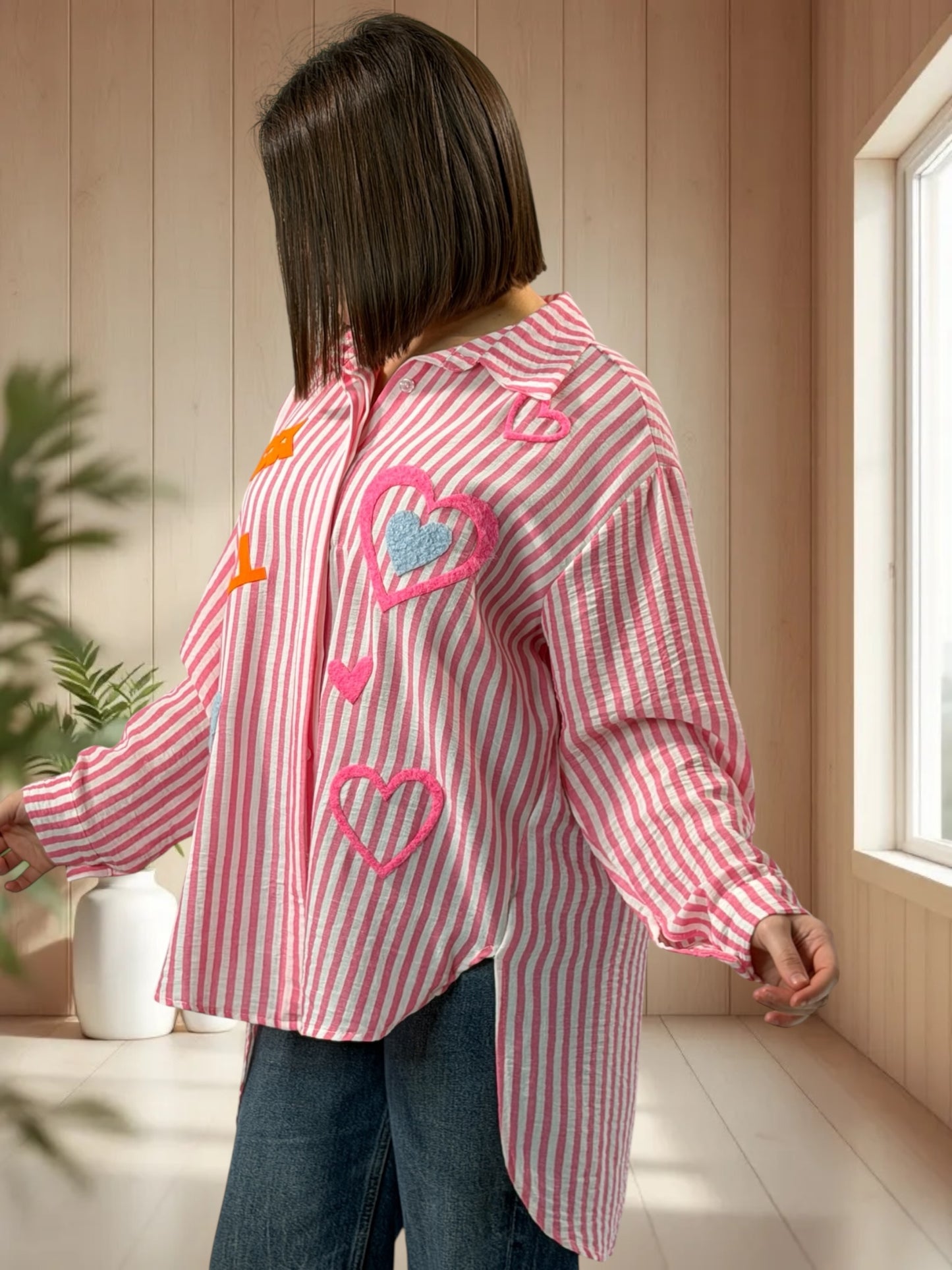 SOPHIE - CHEMISE OVERSIZE A RAYURE ROSE JUSQU'A LA TAILLE 50