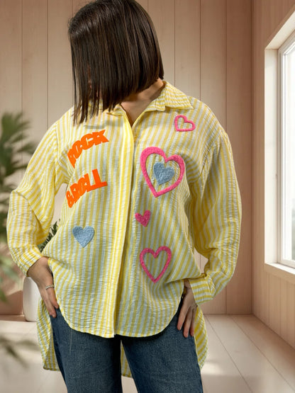 SOPHIE - CHEMISE OVERSIZE A RAYURE JAUNE JUSQU'A LA TAILLE 50