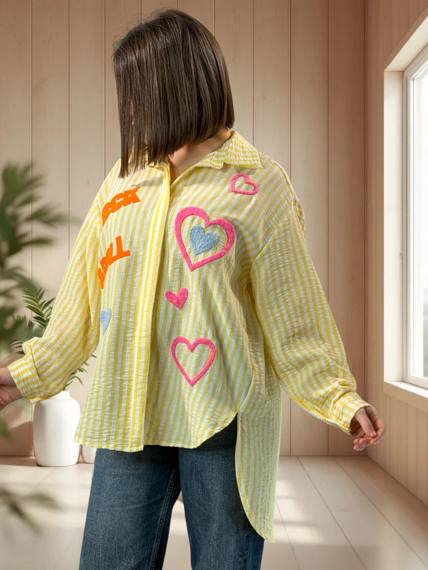 SOPHIE - CHEMISE OVERSIZE A RAYURE JAUNE JUSQU'A LA TAILLE 50