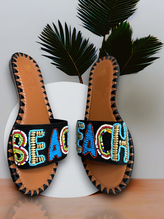 SANDALE BEACH NOIR EN PERLE