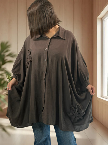 CASTILLE - TUNIQUE OVERSIZE MARRON AVEC FLEUR EN CROCHET JUSQU'A LA TAILLE 58