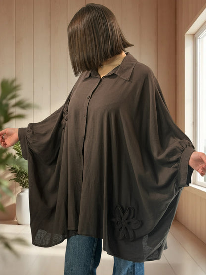 CASTILLE - TUNIQUE OVERSIZE MARRON AVEC FLEUR EN CROCHET JUSQU'A LA TAILLE 58