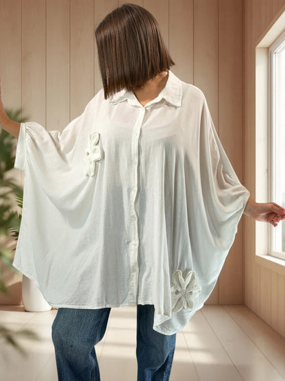 CASTILLE - TUNIQUE OVERSIZE BLANCHE AVEC FLEUR EN CROCHET JUSQU'A LA TAILLE 58