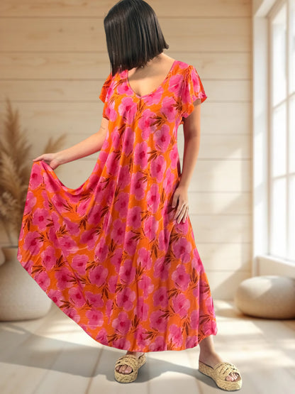 JULIE - ROBE LONGUE FLUIDE A FLEUR JUSQU'A LA TAILLE 48