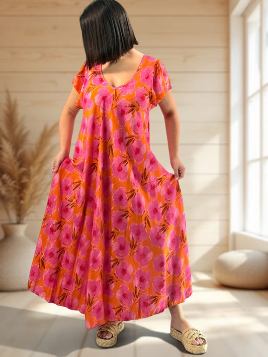 JULIE - ROBE LONGUE FLUIDE A FLEUR JUSQU'A LA TAILLE 48