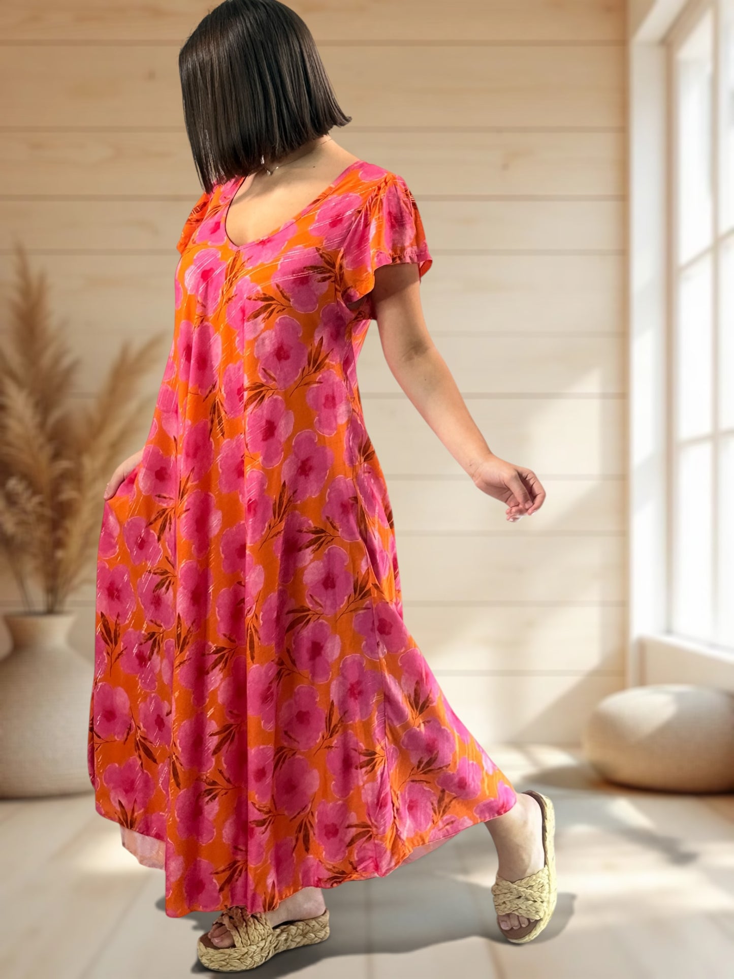 JULIE - ROBE LONGUE FLUIDE A FLEUR JUSQU'A LA TAILLE 48