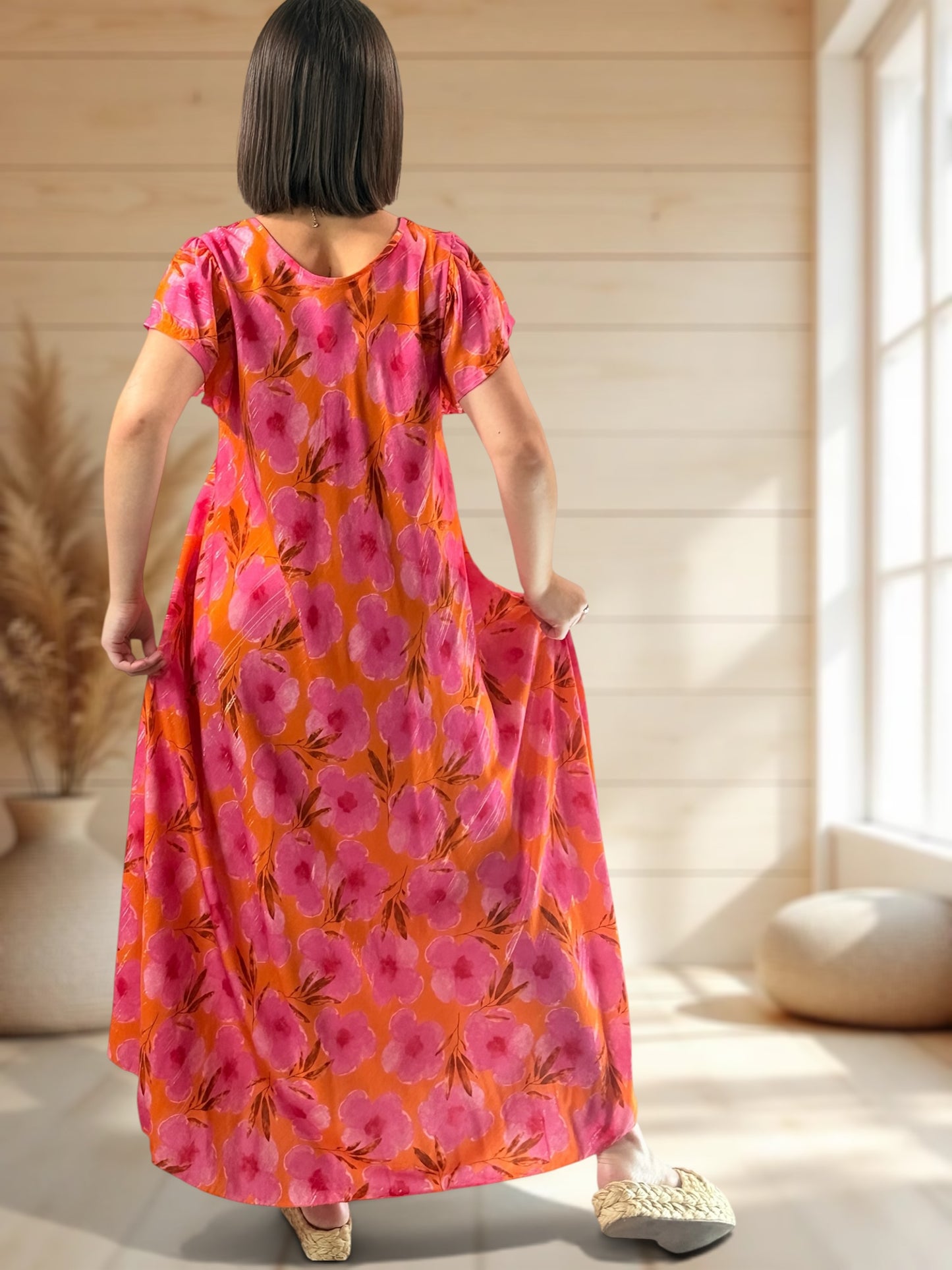 JULIE - ROBE LONGUE FLUIDE A FLEUR JUSQU'A LA TAILLE 48