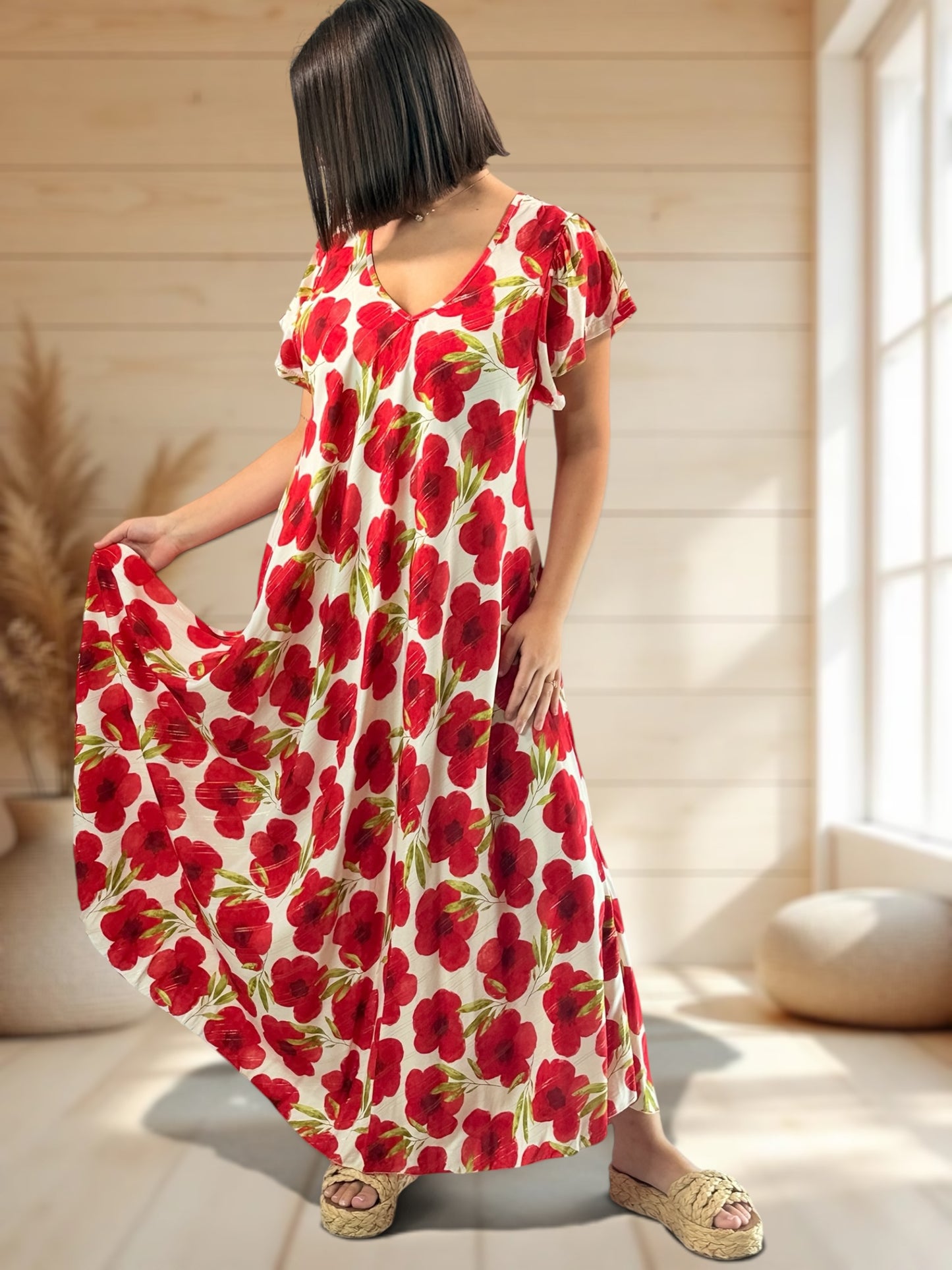 JULIE - ROBE LONGUE FLUIDE A FLEUR JUSQU'A LA TAILLE 48