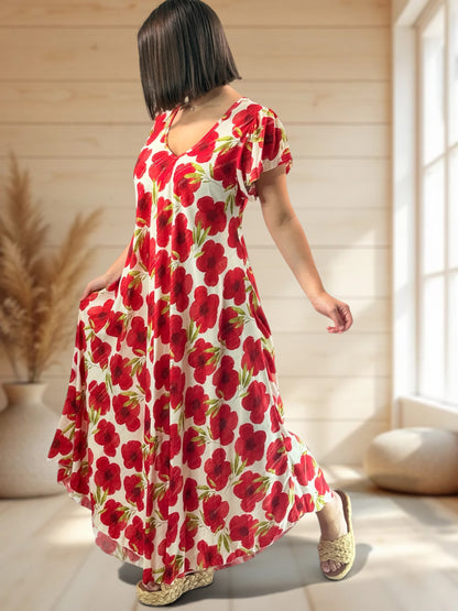 JULIE - ROBE LONGUE FLUIDE A FLEUR JUSQU'A LA TAILLE 48